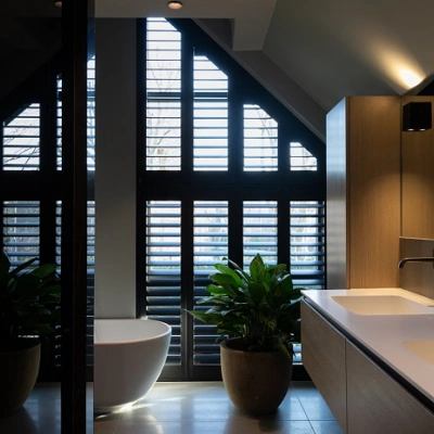Salle de bain avec de grandes fenêtres noires