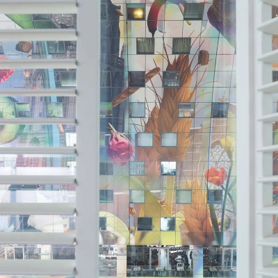 Shutters in urban Markthal in Rotterdam